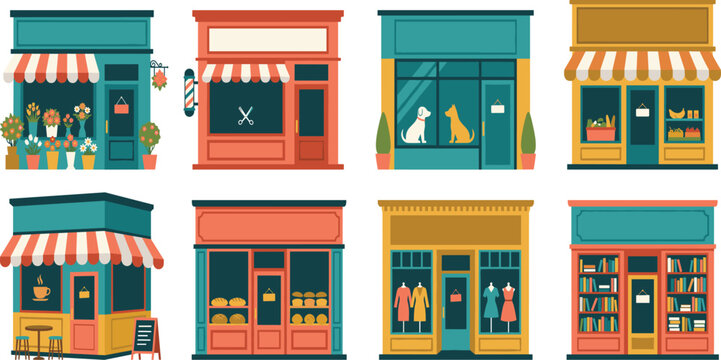Set of diverse small business retail storefronts and city street shops in flat vector illustration format