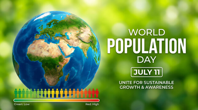 World Population Day July 11 banner, global earth globe on green bokeh background, sustainable growth and awareness concept poster