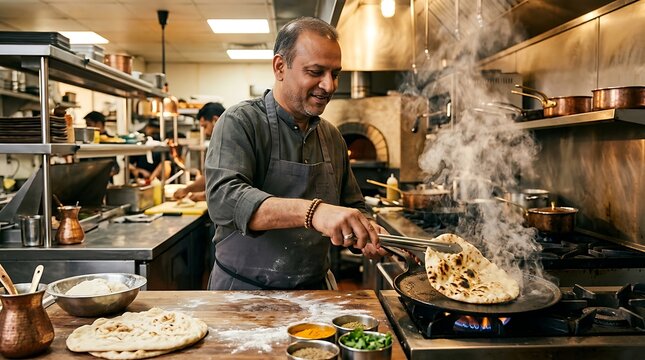 Chef cooking fresh naan bread in a professional restaurant kitchen