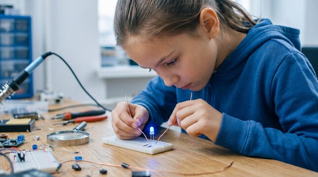 Curious Young Girl Student Learning Electronics and Building Circuit Project with Blue LED in STEM Workshop