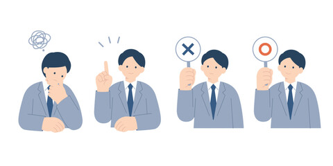 悩み・閃き・バツ＆マルを掲示する男性会社員のベクターイラストセット © NemuNemu