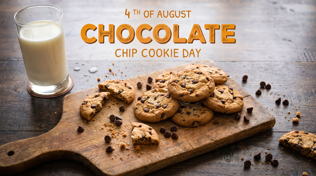 Chocolate chip cookie day celebration on August 4th, rustic wooden board with homemade cookies and milk, sweet dessert food photography