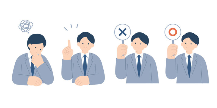 悩み・閃き・バツ＆マルを掲示する男性会社員のベクターイラストセット