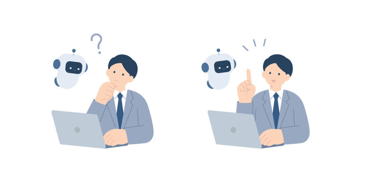 AIに疑問を投げかけ、解決する男性会社員のベクターイラストセット