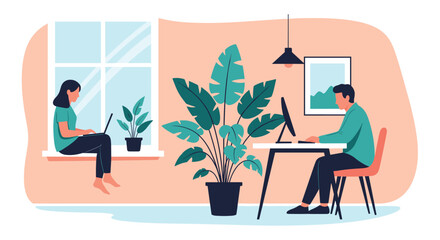 Fototapeta premium Man and woman working from home using a computer and laptop in a modern living room with a large houseplant and window.