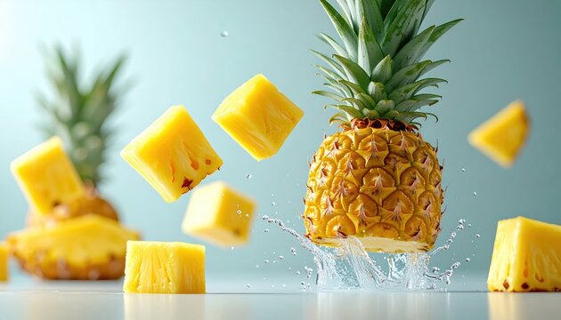 Pineapple chunks suspended against a minimal background with tropical freshness and premium visual appeal