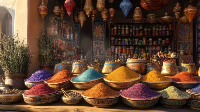 Exotic spice shop bazaar with colorful mounds of spices and hanging lanterns.