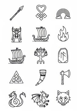 Viking Mythology and Norse Culture Line Icon Set - Minimalist Vector Illustrations of Gods, Weapons, and Symbols