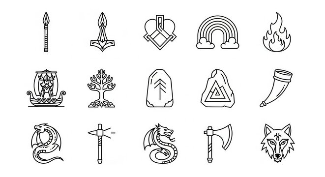 Viking and Norse Mythology Line Art Icon Set with Mjolnir, Yggdrasil, Longship, and Runes for Graphic Design