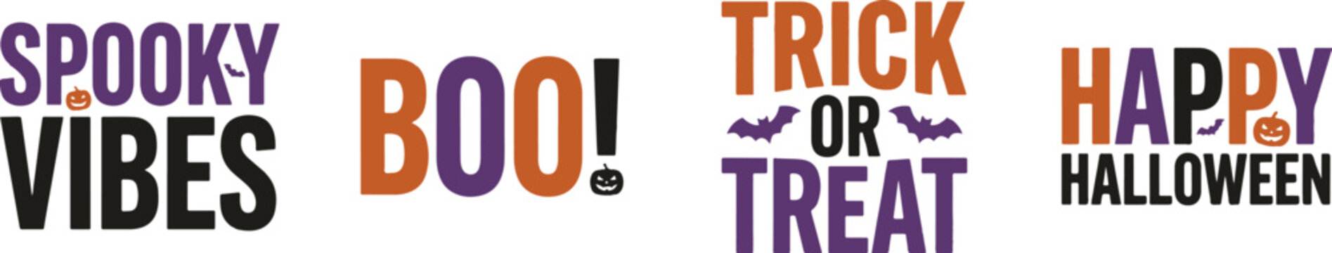 Set of Halloween typography quotes, "Spooky vibes", "Boo", "Trick or treat", "Happy Halloween" vector set.