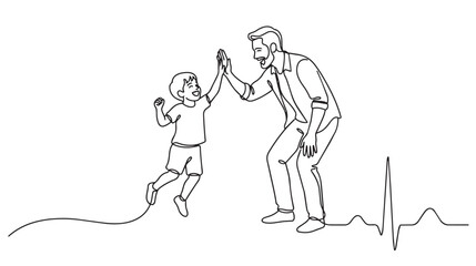 Obraz premium Continuous line drawing of father and son giving high five with highfive