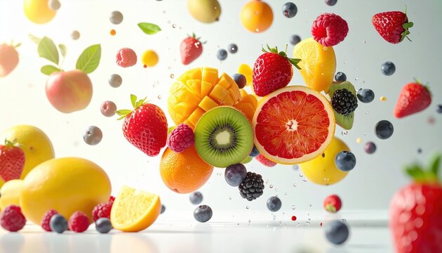 Colorful mixed fruits floating around a clean advertising space with modern product promotion flexibility