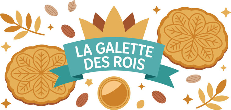 La Galette des Rois French king cake epiphany banner with traditional puff pastry crown and almonds vector illustration