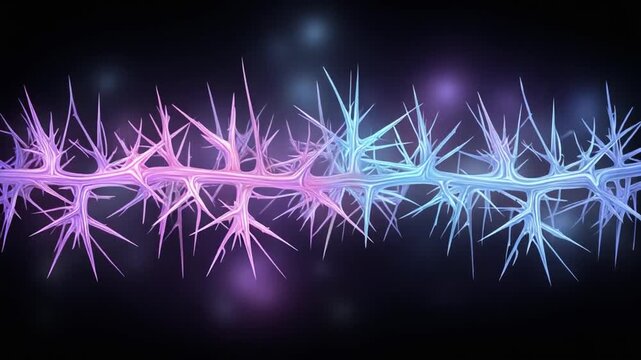 A neon-lit, abstract design featuring a spiky, barbed, thorn-like structure against a dark backdrop