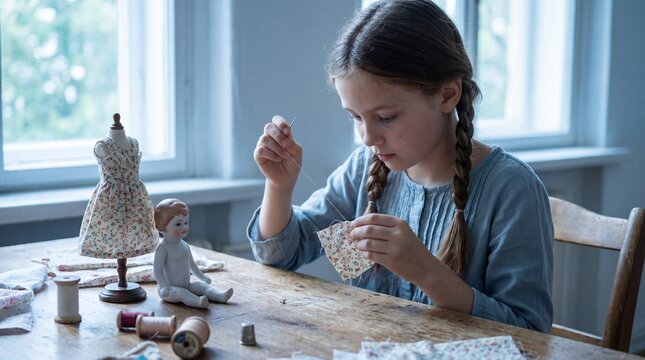 Little Girl Sewing Handmade Clothes for Vintage Doll at Wooden Table