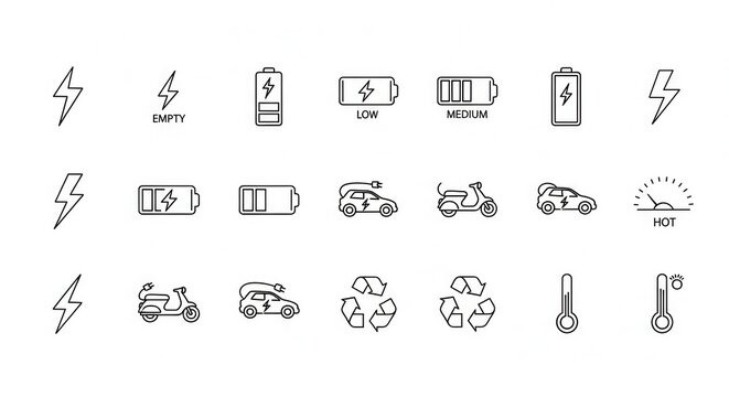 Set of Electric Vehicle and Battery Energy Line Icons for Sustainable Transportation and Green Power Concepts.