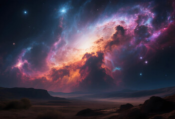 Fototapeta premium Colorful cosmic nebula over a barren landscape at night