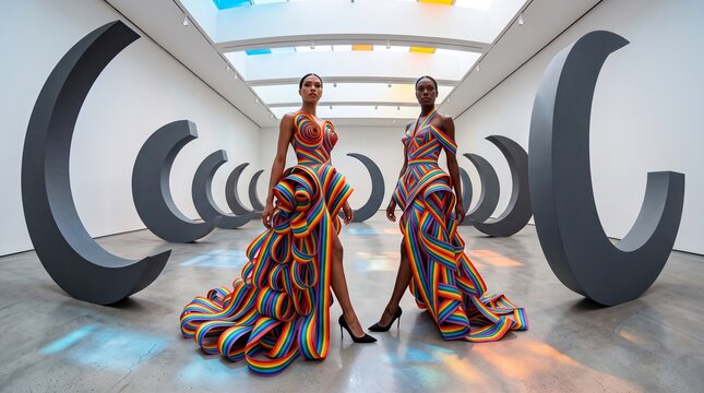 Vibrant Rainbow Fashion Models in Contemporary Art Gallery