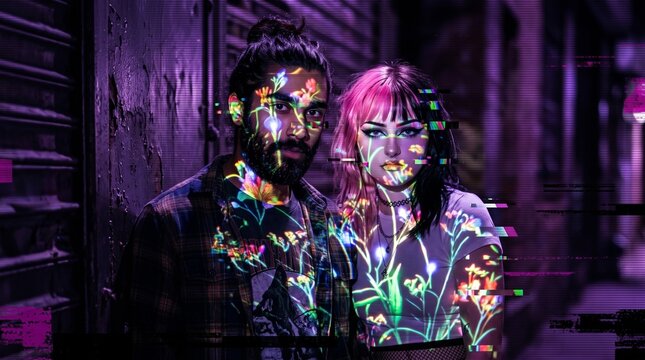 Digital Art Couple with Neon Glitch Effects