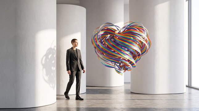 Businessman Contemplating Colorful Heart Sculpture in Modern Gallery