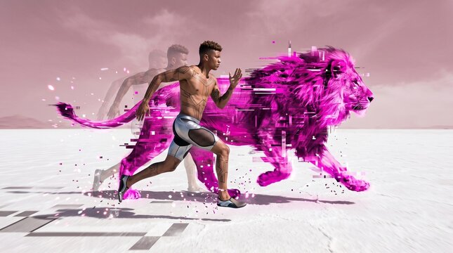 Athlete Running With Lion Power Digital Effect