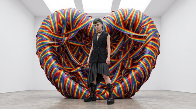 Woman Standing Before Colorful Rainbow Wings Installation