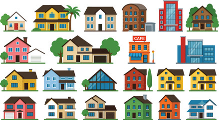 Naklejka premium Collection of Colorful Residential and Commercial Building Illustrations Featuring Houses Apartments and Modern Architecture Designs