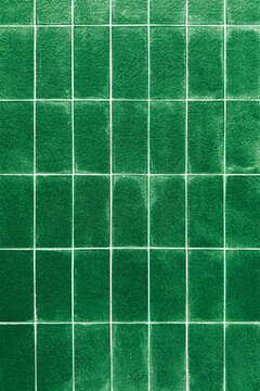 Emerald Green Ceramic Tiles Wall Texture Background with White Grout Lines. Vintage Rectangular Mosaic Tile Pattern for Kitchen Backsplash, Bathroom Interior Design, Subway Wall Surface.