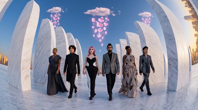 Diverse Group Walking Through Modern Marble Architecture