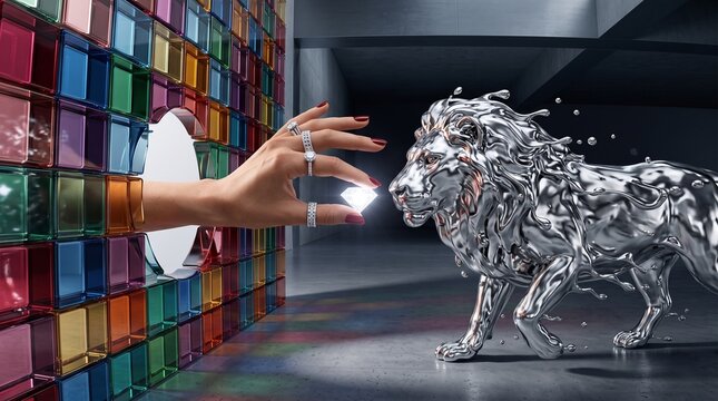 Woman Presenting Luxury Jewelry to Metallic Lion Sculpture