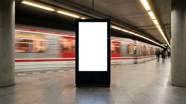 Blank digital billboard mockup in subway station with passing train and blurred passengers, advertising space for brands and promotions on public transport advertising medium, bright lights.