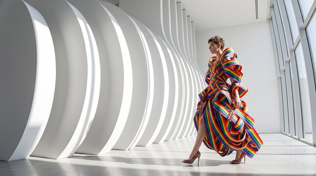 Confident Woman in Colorful Rainbow Outfit Fashion Portrait