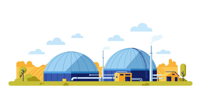 Modern Biogas Plant Illustration for Sustainable Energy Production. Flat Vector Design of Bioenergy Facility with Blue Domed Digesters and Rural Landscape.