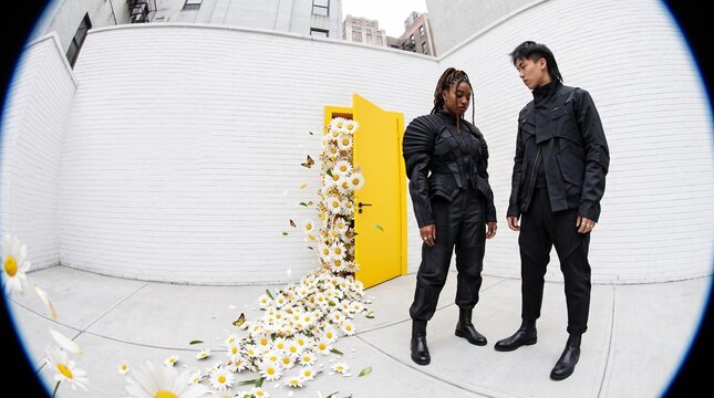 Young Women Observing Daisies Pouring from Yellow Door