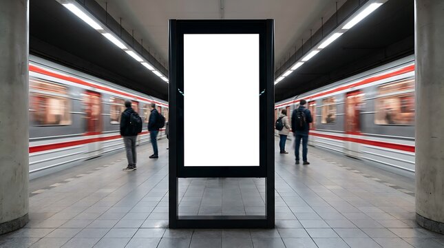 Blank digital billboard mockup in subway station with passing train and blurred passengers, advertising space for brands and promotions on public transport advertising medium, bright lights.