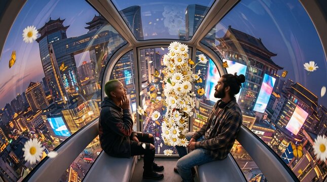 Two Men Conversing in Futuristic Urban Pod with Daisies