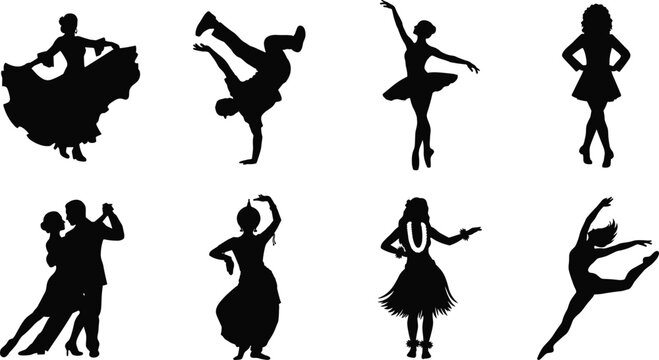 Dance Silhouette Vector Set Featuring Diverse Styles and Cultural Performance Poses