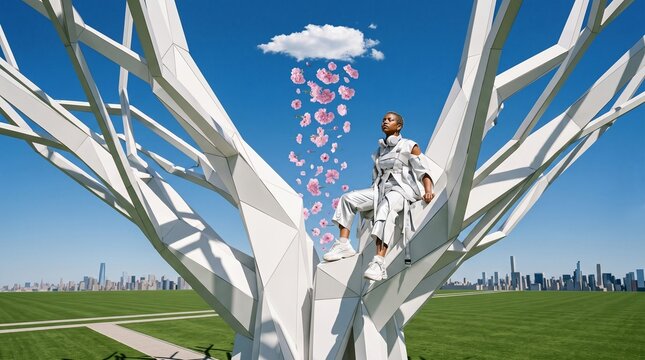 Woman in White Suit Standing on Modern Architectural Structure