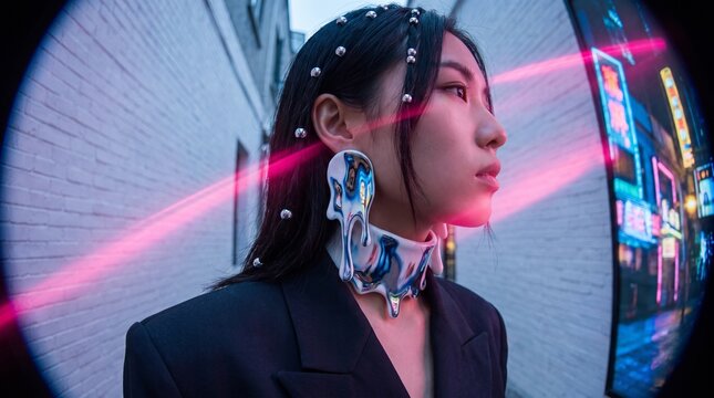 Futuristic Woman with Holographic Accessories in Urban Neon