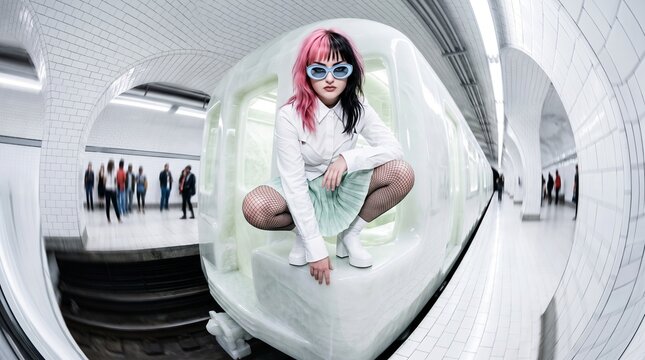 Woman in Futuristic Pod Subway Station Fashion Portrait