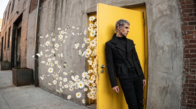 Young Man in Black Blazer Emerging from Bright Yellow Door