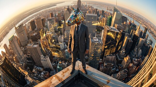Businessman with Geometric Horse Head Standing Above Cityscape