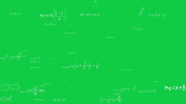 math theory formulas isolated flying green screen animation, chroma key mathematics calculations ,algebra and geometry science education stream social media motion design element