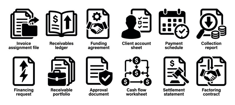 Set of black glyph icons representing invoice factoring and accounts receivable management concepts like funding agreement, payment schedule, cash flow worksheet, and collection report