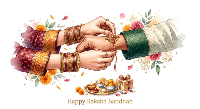 Happy Raksha Bandhan Celebration Artwork Featuring Sibling Bond, Rakhi and Festive Floral Design.