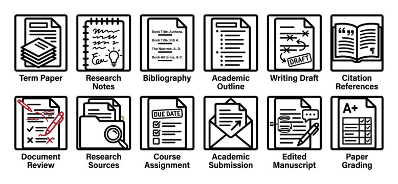 Set of twelve academic writing icons showing the process from research notes to final paper grading in a simple black and white line art style