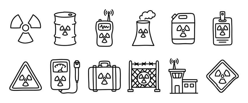 Set of hand-drawn radiation hazard icons featuring nuclear symbols, a power plant, a geiger counter, and warning signs in a simple black and white doodle sketch style