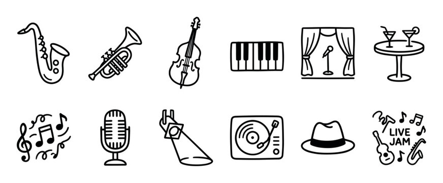 Jazz music and live performance icon set with hand-drawn doodle style illustrations of a saxophone, trumpet, microphone, piano keys, stage, and turntable for a concert concept