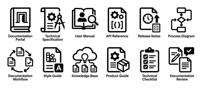 Set of black line icons representing technical documentation concepts like user manuals, API references, knowledge bases, and process diagrams for software development and product guides