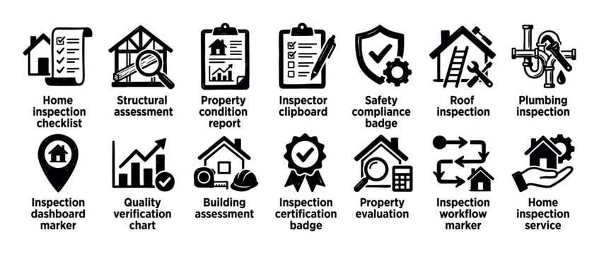 Set of black home inspection icons representing property assessment, structural analysis, safety compliance, and building condition reports in a simple glyph pictogram style